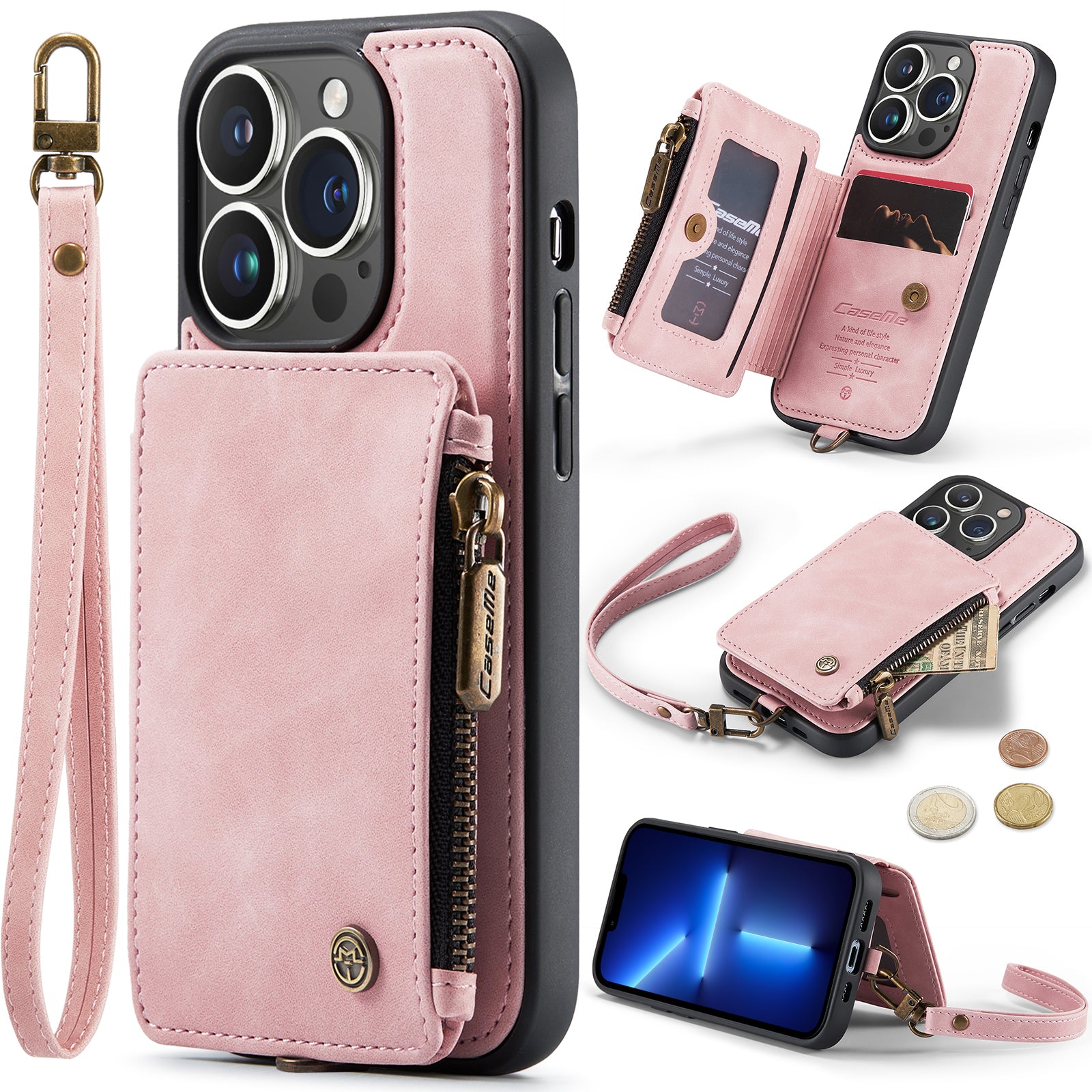 CASEME C20 Series for iPhone 13 Pro 6.1 inch RFID Blocking Zipper Pocket Wallet Case PU Leather Coated TPU Kickstand Protective Phone Cover with Strap CASEME C20 Series for iPhone 13 Pro 6.1 inch RFID Blocking Zipper Pocket Wallet Case PU Leather Coated TPU Kickstand Protective Phone Cover with Strap